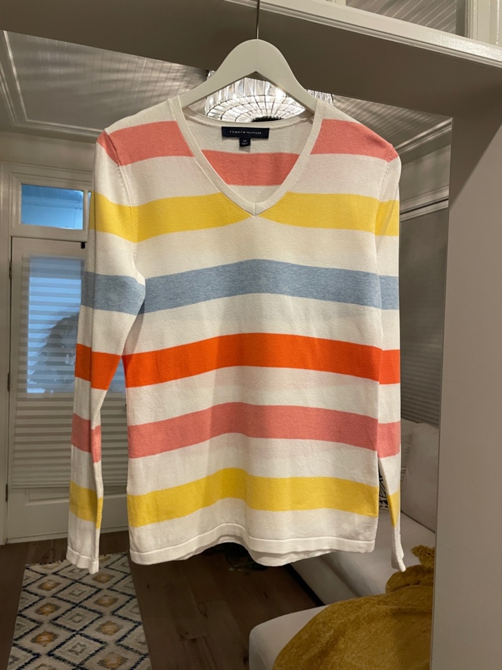 Tommy Hilfiger Striped V-Neck Sweater in Cream, Coral, Yellow and Light Blue